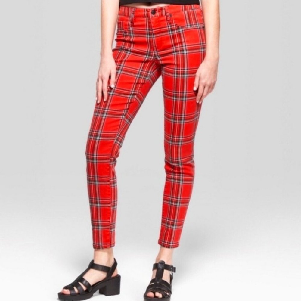 NWT Red Tartan plaid PUNK grunge retro skinny jeans 6